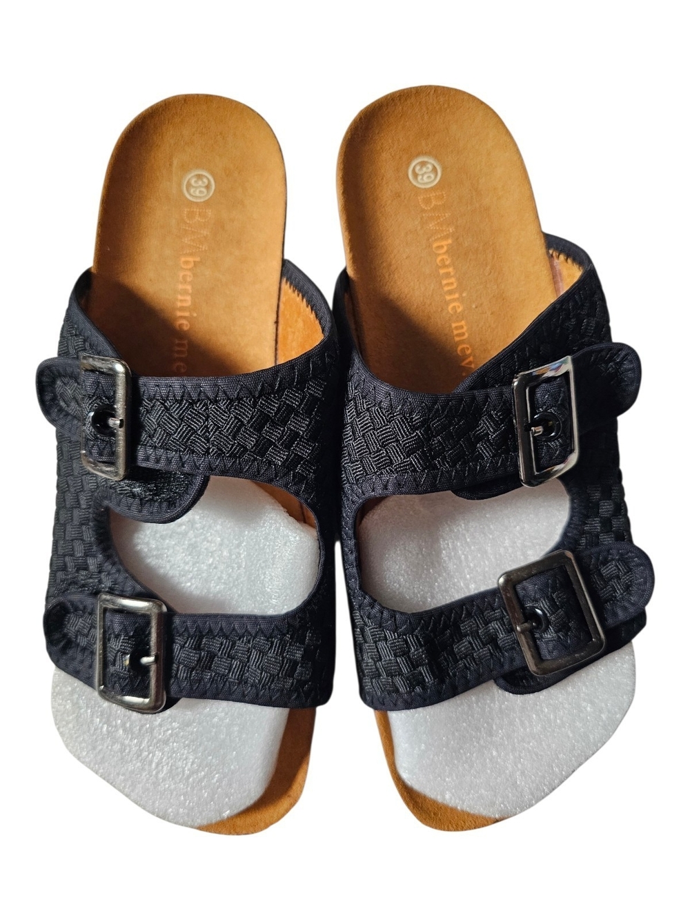 bernie mev. Black Double-Buckle Woven Slide Sandals